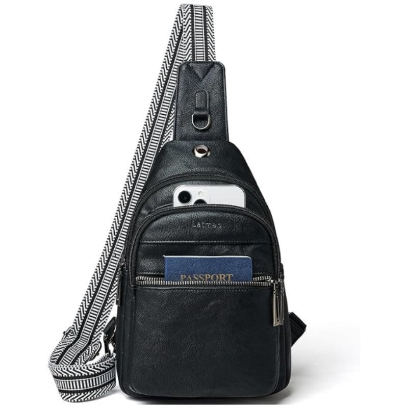 Black Women's 3-Layer Zipped PU Chest Bag with Reversable Strap - Roomy But Not Nulky Single Shoulder Crossbody Bag