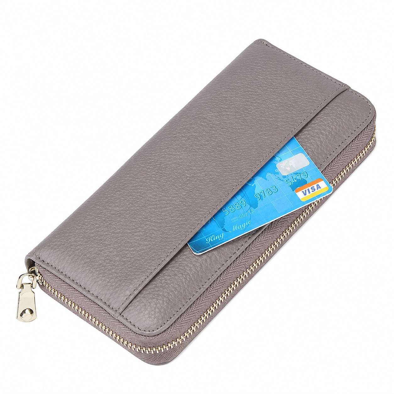 Grey RFID Blocking Leather Long Wallet