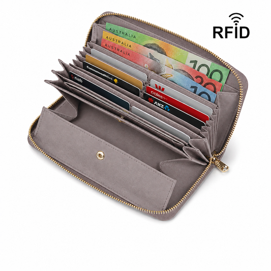 Grey RFID Blocking Leather Long Wallet