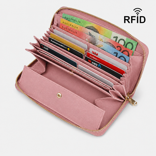 Pink RFID Blocking Leather Long Wallet