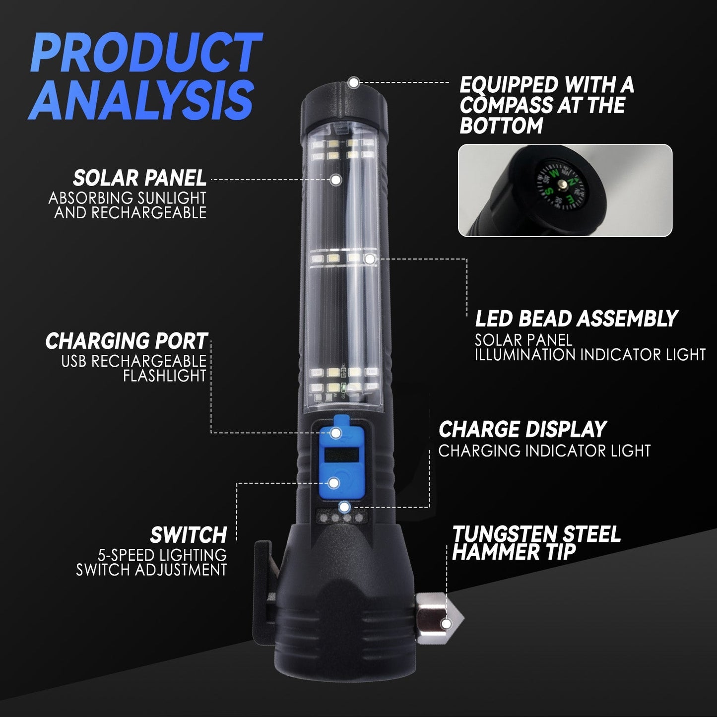 150 Lumen Solar USB Rechargeable Trekking Torch